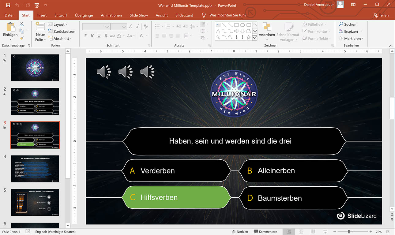 Wer wird Millionär - PowerPoint Quiz Vorlage  SlideLizard Inside Powerpoint Quiz Template Free Download