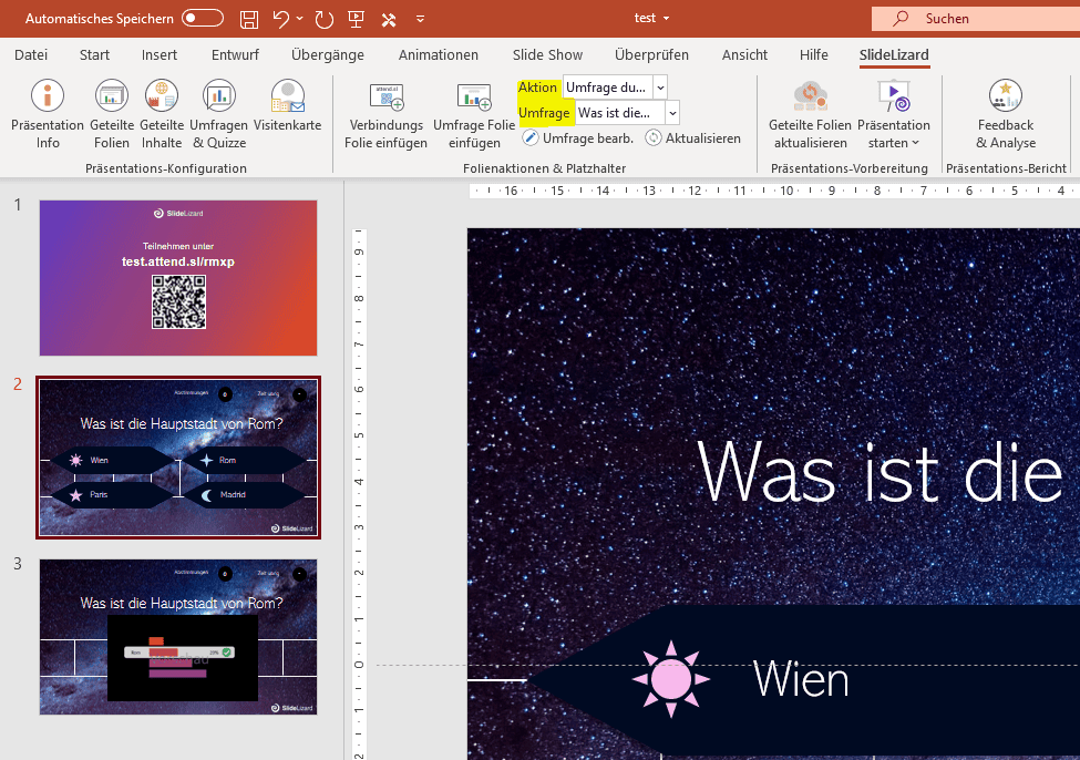 Aktion und Umfrage auswählen Frageslide