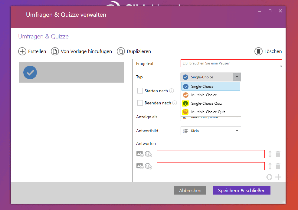 Single oder Multiple Choice Quiz wählen