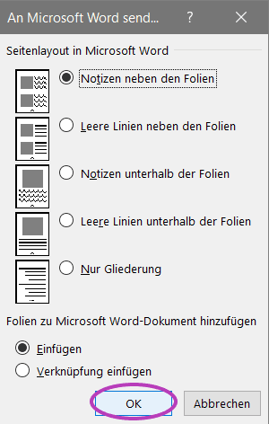 bestätigen vom Export in Word