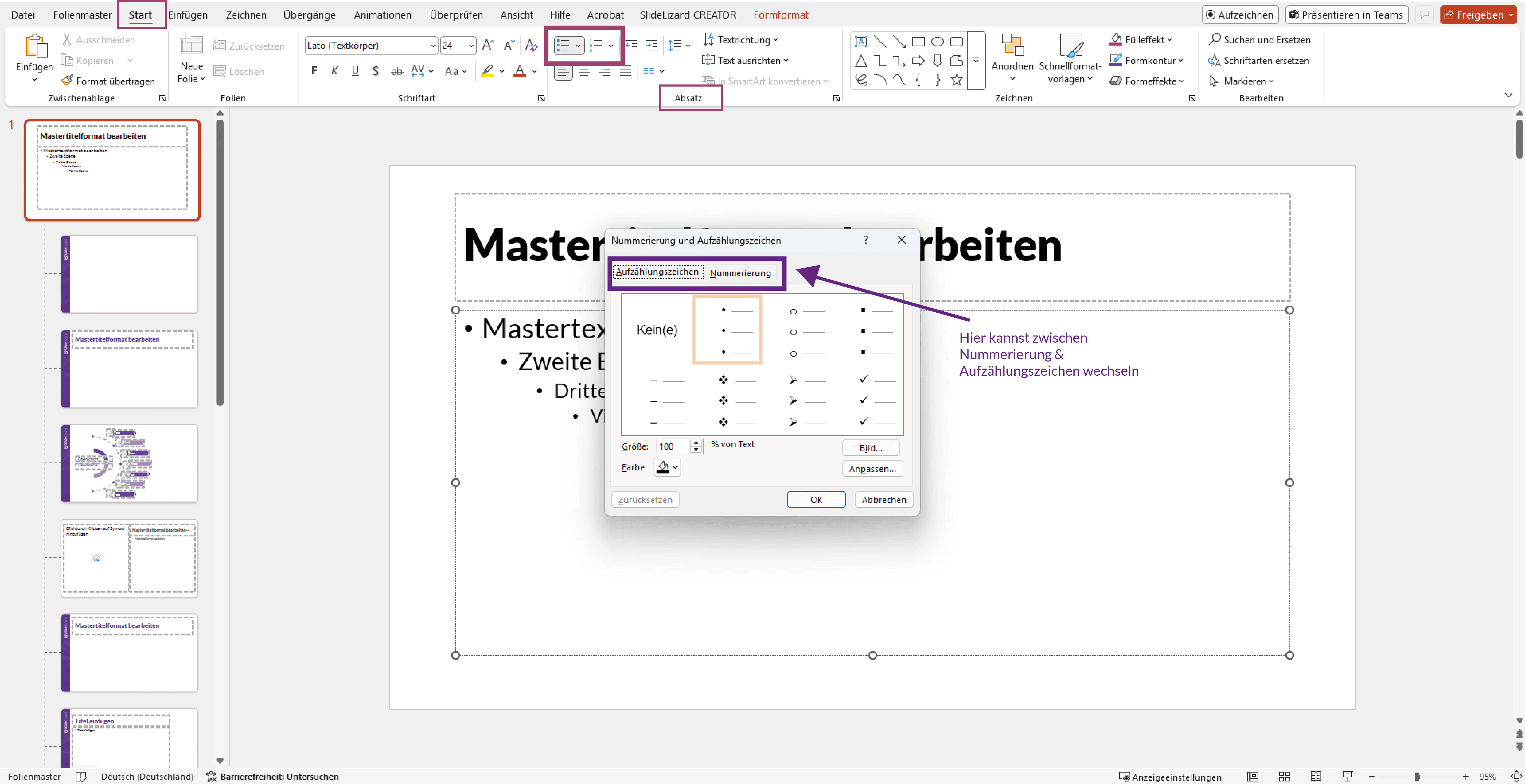 PowerPoint Aufzählungszeichen und Nummerierung für CI