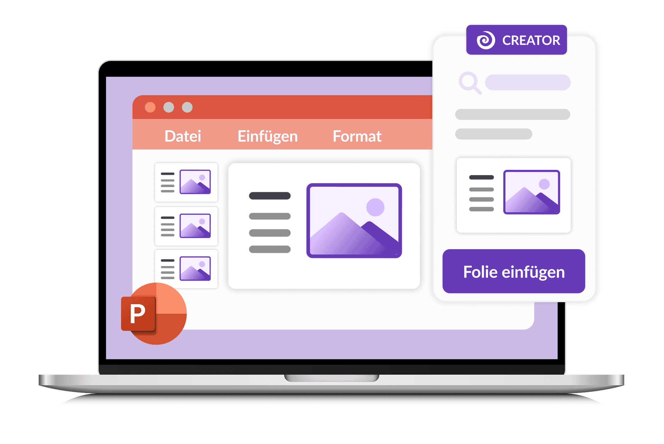 Abbildung eines Laptop, auf dem eine PowerPoint-Oberfläche und einer CREATOR Integration angezeigt wird.