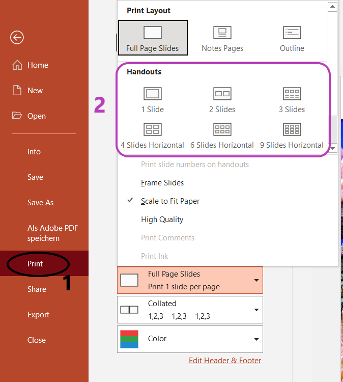 set presentation to print as handouts