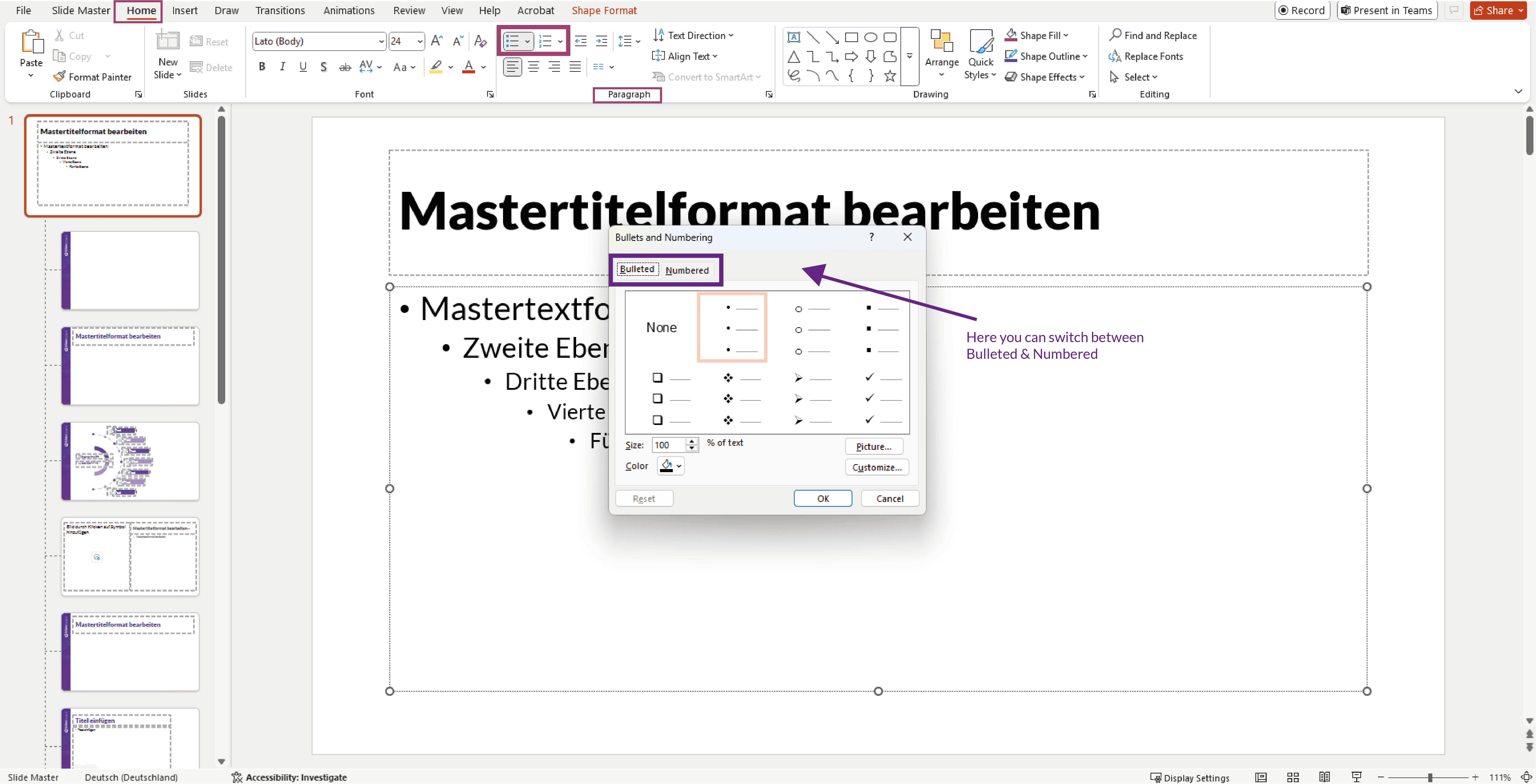 PowerPoint, Image of the numbering and bullets function