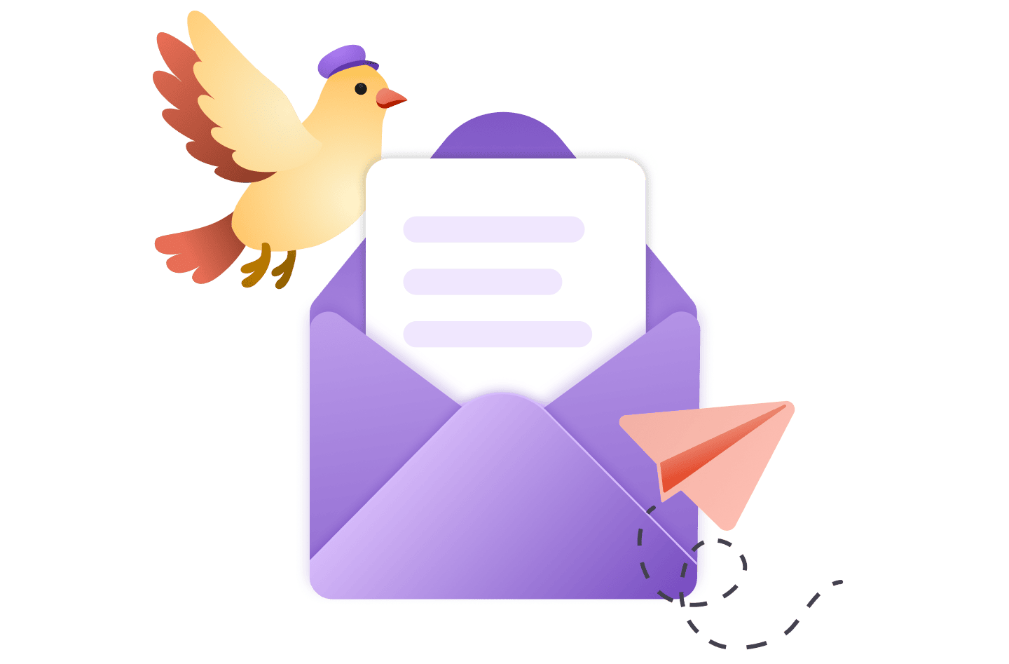 Illustration of an open purple envelope with a letter inside, next to it a flying yellow bird with a cap and a pink paper airplane with a dotted flight path.