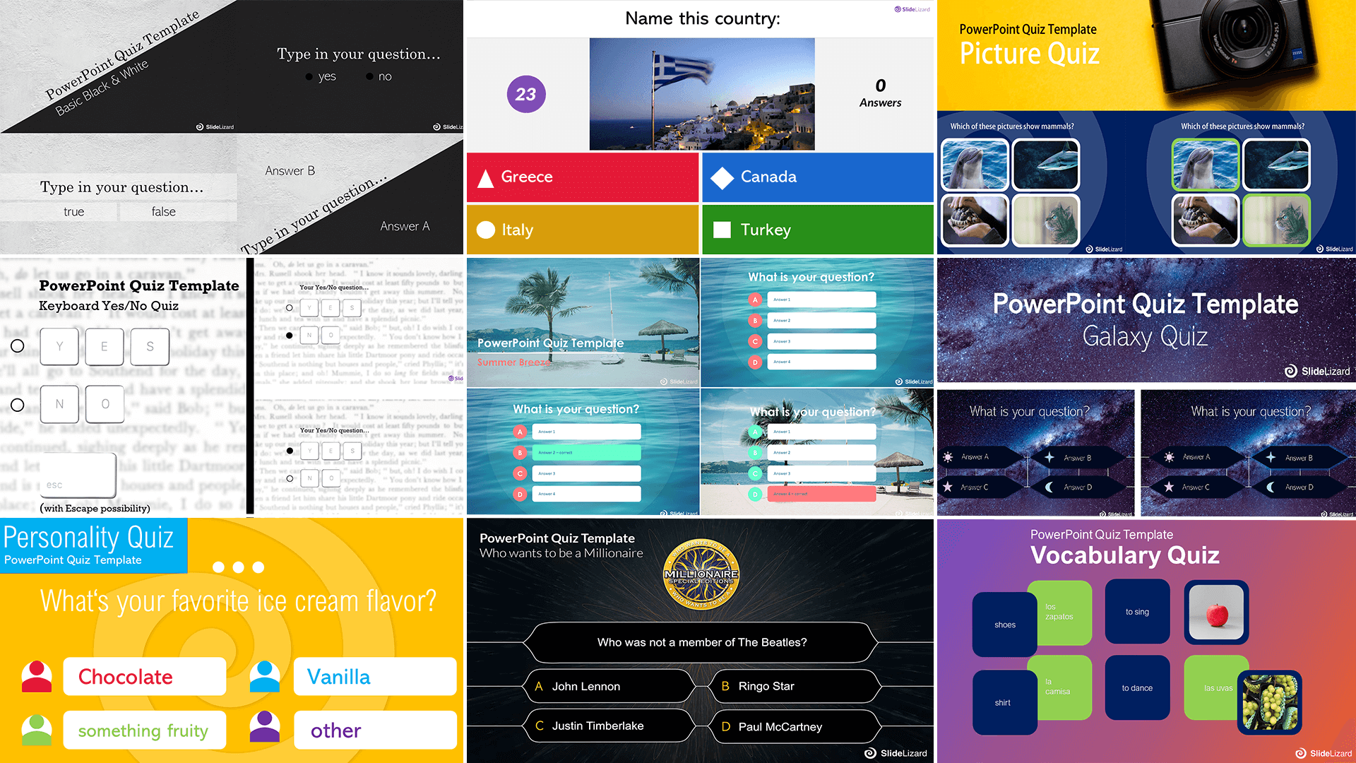 selection of our quiz templates